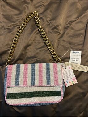Beaded Stripe Shoulder Bag - Pink, Blue & white